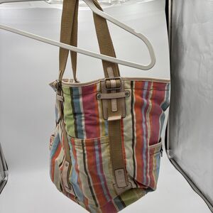 Fossil Striped Tote Bag Canvas Leather Accent Beige Multi Color